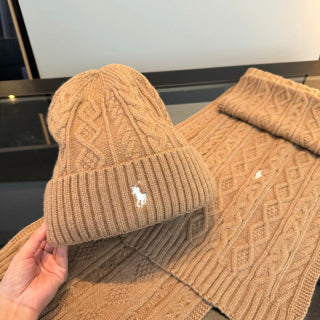 Ralph Lauren Hat Beige Cable-Knit Beanie and Scarf Set