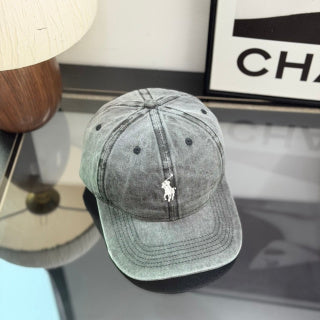 Ralph Lauren Hat Washed Charcoal Gray Baseball Cap with White Pony Embroidery