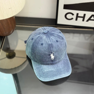 Ralph Lauren Hat Faded Denim Blue Baseball Cap with White Pony Embroidery