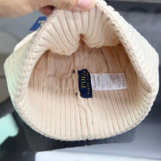 Ralph Lauren Hat Cream Cable Knit Cuffed Beanie with Navy Pony Embroidery