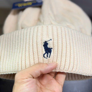 Ralph Lauren Hat Cream Cable Knit Cuffed Beanie with Navy Pony Embroidery