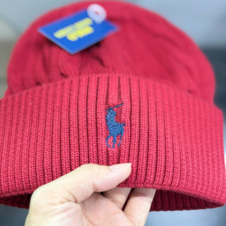 Ralph Lauren Hat Crimson Red Cable Knit Beanie with Blue Pony Embroidery
