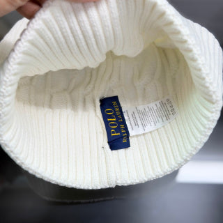 Ralph Lauren Hat Ivory Cable Knit Beanie with Dark Pony Embroidery