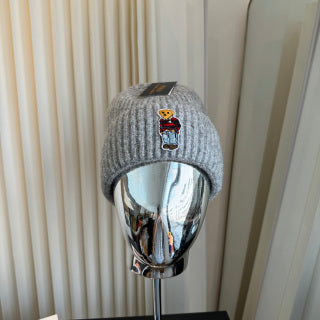 Ralph Lauren Hat Heather Gray Ribbed Knit Beanie with Polo Bear Front Patch