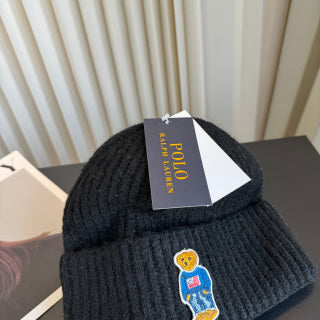 Ralph Lauren Hat Black Ribbed Knit Beanie with Front Polo Bear Patch