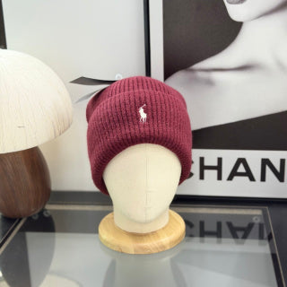 Ralph Lauren Hat Burgundy Ribbed Knit Beanie with White Pony Logo