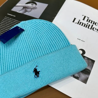 Ralph Lauren Hat Aqua Blue Black Pony Ribbed Cuff Beanie