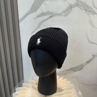 Ralph Lauren Hat Black White Pony Front Ribbed Beanie