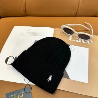 Ralph Lauren Hat Black Side Pony Textured Ribbed Beanie