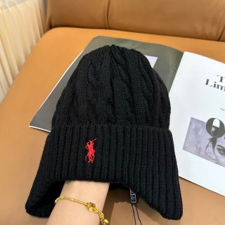 Ralph Lauren Hat Jet Black Red Pony Cable Rib Knit Beanie