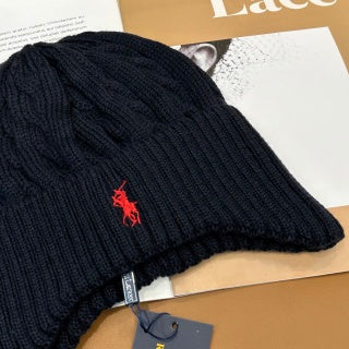 Ralph Lauren Hat Graphite Navy Red Pony Cable Rib Beanie